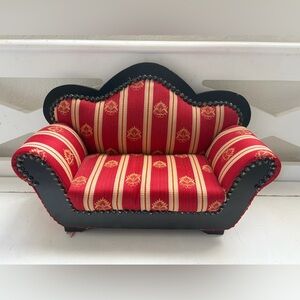 Vintage Victorian Style Upholstered Doll Floral Stripes Couch Sofa Nailhead Trim